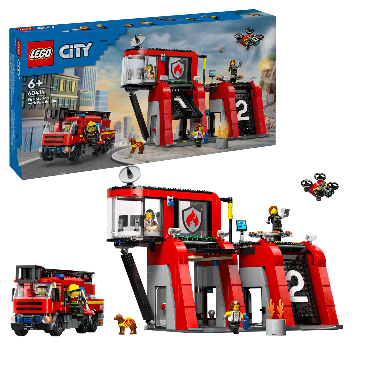 LEGO® City 60414 Feuerwehrstation mit Drehleiterfahrzeug – Verpackung mit Modell